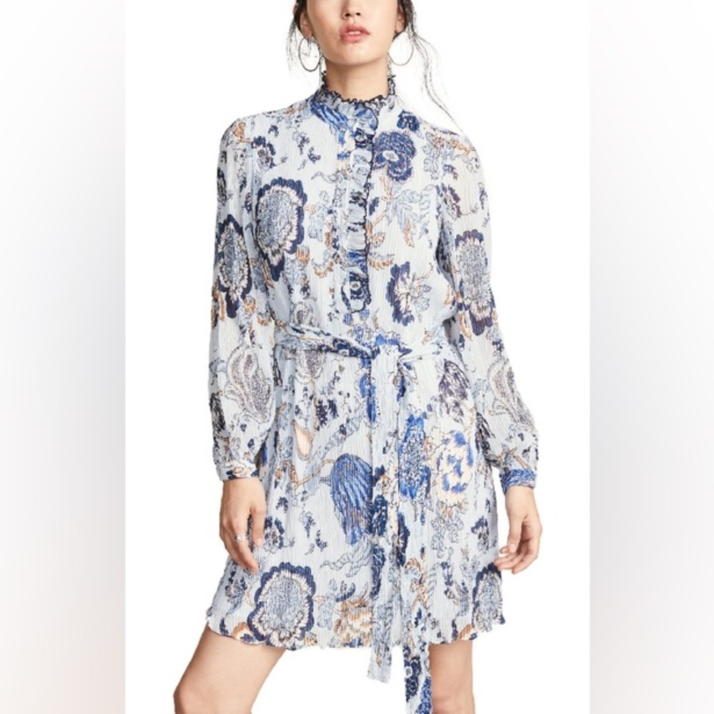 Tory Burch Deneuve Ruffle-Trim Floral-Print Dress Size 10 blue
